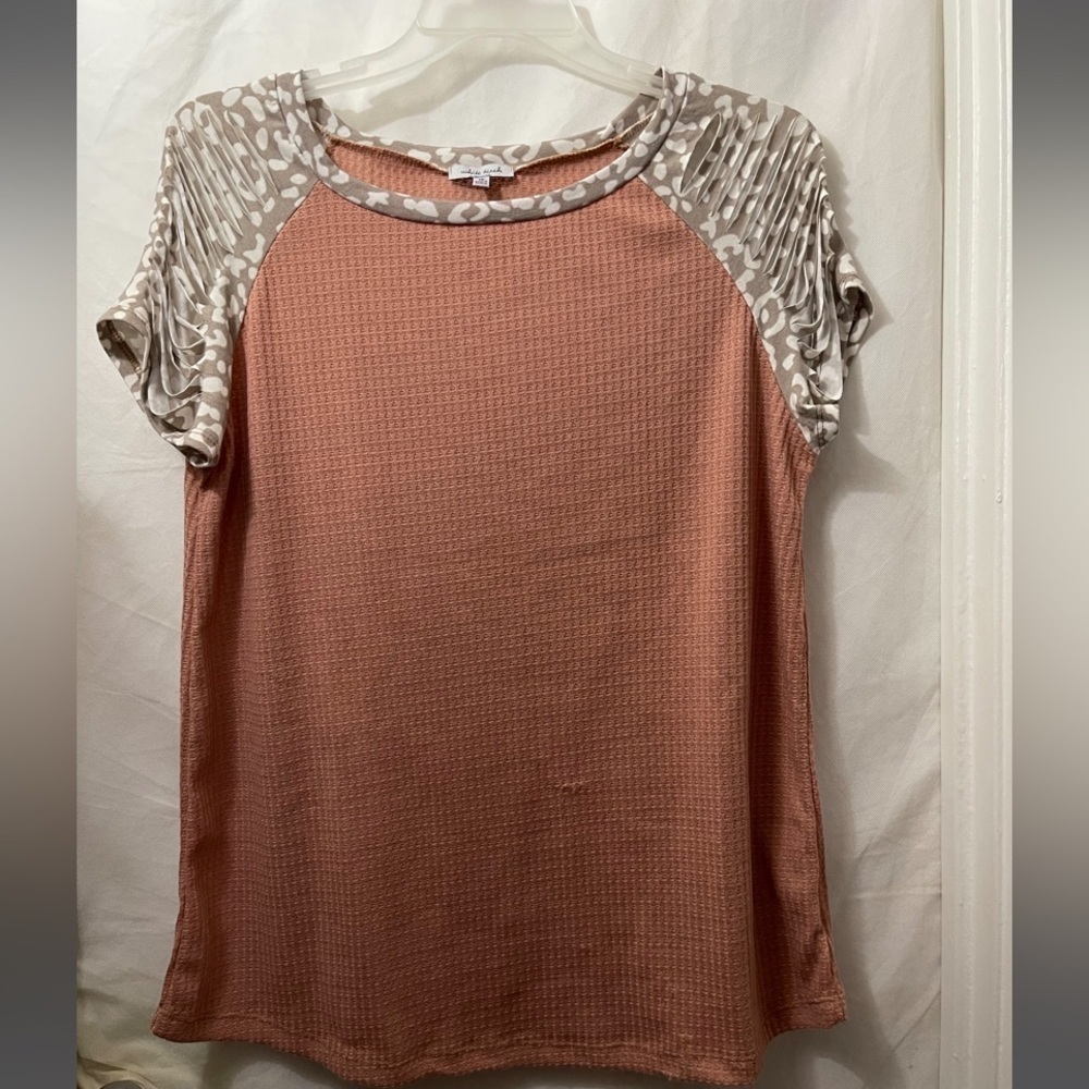 Women White Birch Peach Blouse With Distressed Grey & White Patterned Sleeves